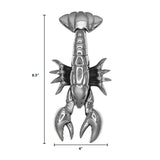 Silver lobster door knocker with measurements on a white background