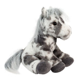 Plush toy horse with gray and white pattern on a white background