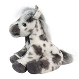 Plush toy horse with a spotted pattern on a white background