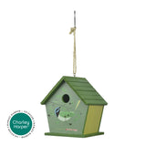 Green birdhouse with a small window on a white background, featuring the Charley Harper brand.