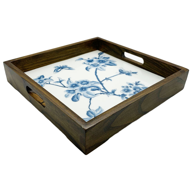 Tray SQ BL/WH Hand Painted Floral