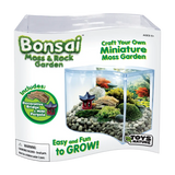 Bonsai Moss & Rock Garden kit in its retail packaging, featuring a clear acrylic planter filled with rocks, moss, and miniature garden decorations, shown on a white background.