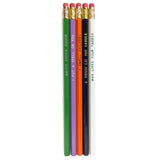 Set of five pencils with colorful barrels and gold ferrules on a white background