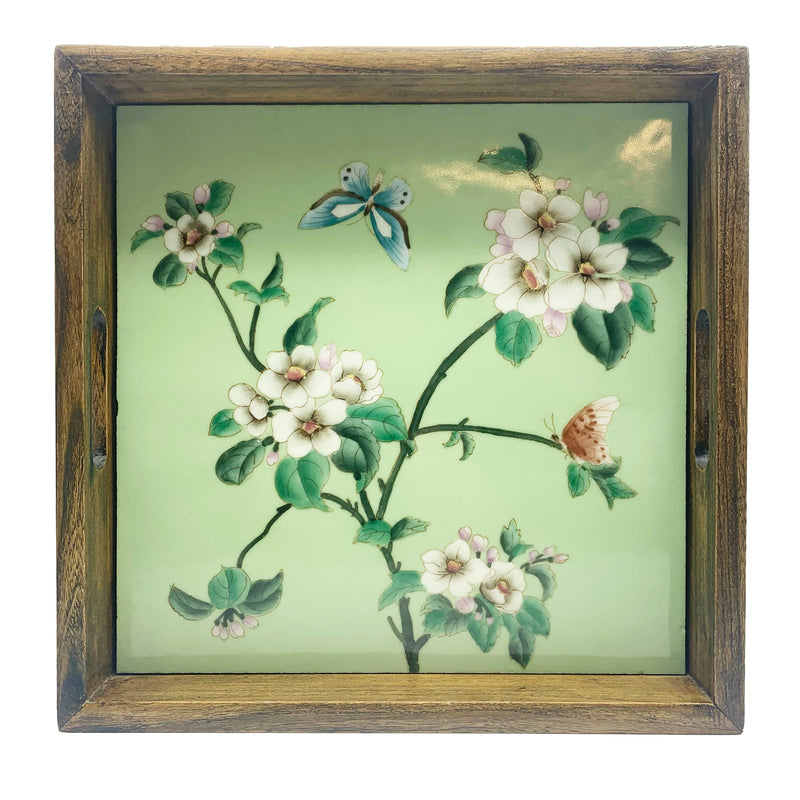 Tray SQ Celadon Hand Painted Floral
