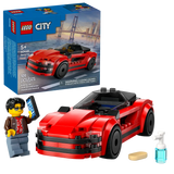 LEGO City sports car set with packaging and accessories on a white background