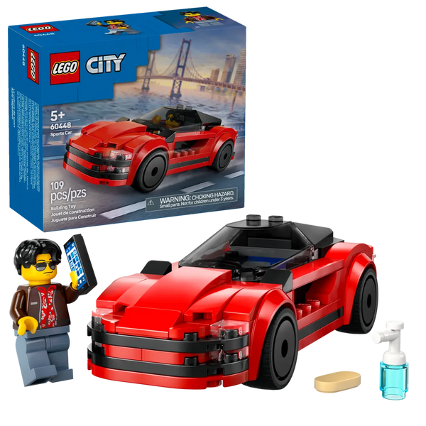 LEGO City sports car set with packaging and accessories on a white background