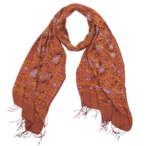 Patterned scarf with fringes on a white background