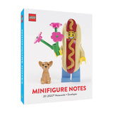 LEGO minifigure-themed boxed notes with a hot dog character and dog on a white background