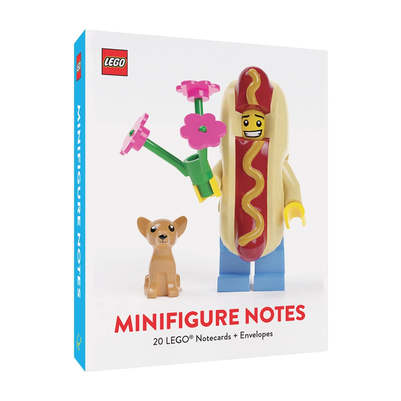 LEGO minifigure-themed boxed notes with a hot dog character and dog on a white background