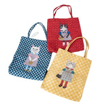 Three tote bags with cat illustrations on a white background