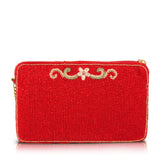 A red beaded clutch purse with a gold-tone zipper and a decorative gold and pink floral embroidery on the front, shown against a plain white background.