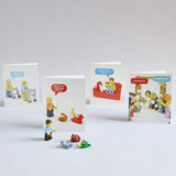 Set of greeting cards with LEGO-themed illustrations on a white background