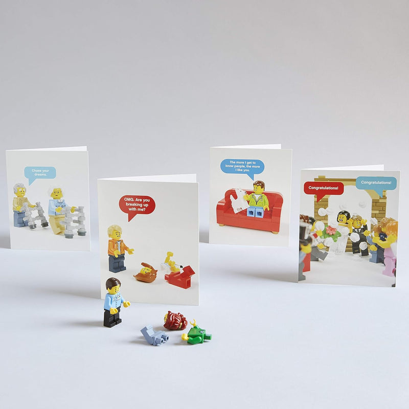 Set of greeting cards with LEGO-themed illustrations on a white background