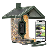 A house-shaped solar-powered bird feeder with a built-in camera and smartphone app control shown on a phone screen, set against a plain white background.