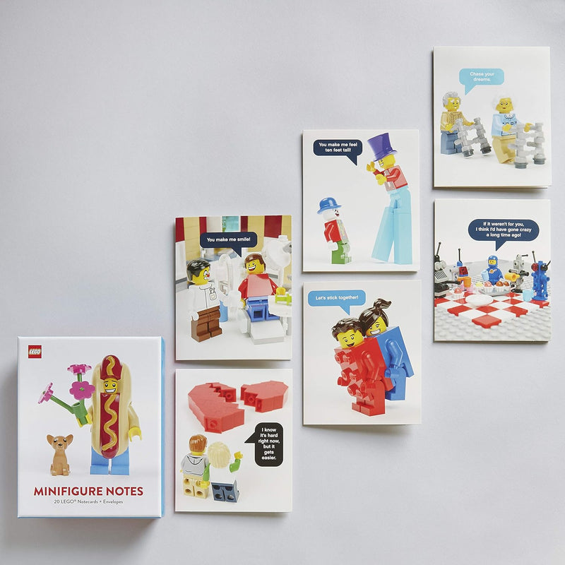 Set of LEGO-themed greeting cards on a light gray background
