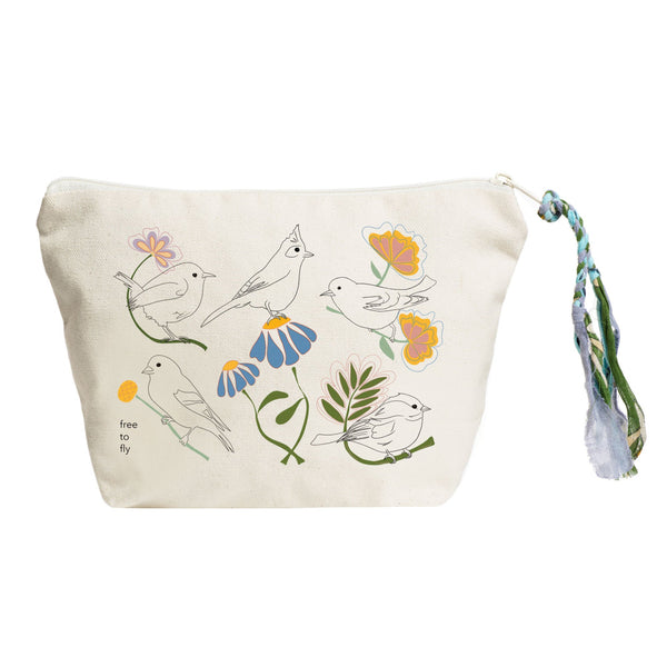 Canvas pouch with bird and floral design on a white background