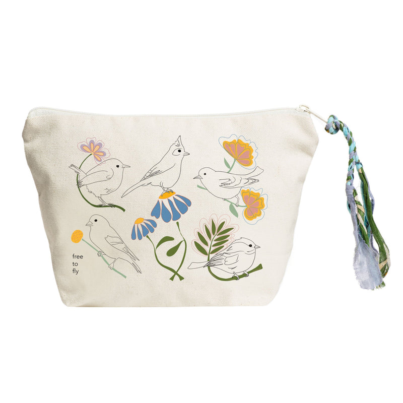 Canvas pouch with bird and floral design on a white background