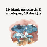 Promotional graphic for 20 blank notecards and envelopes with mushroom design on a white background.