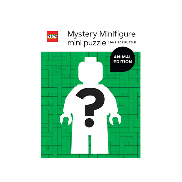 LEGO mystery minifigure mini puzzle packaging with green background and white figure outline.
