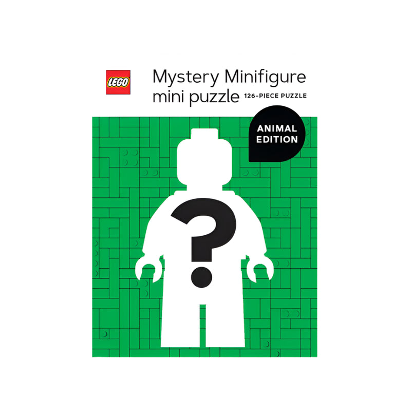 LEGO mystery minifigure mini puzzle packaging with green background and white figure outline.