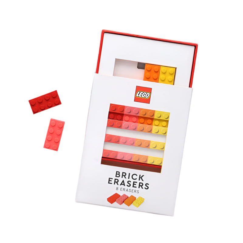 LEGO brick erasers with packaging on a white background