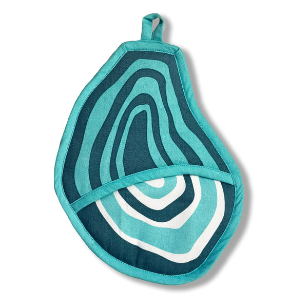 Teal and white patterned pot holder on a white background
