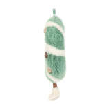 Green and white plush wreath toy covered in pinecone with a smiling face and feet.