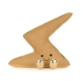 Gold lightning-shaped plush toy with a smiling face on a white background