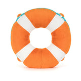Plush toy life preserver with a smiling face on a white background, branded 'Jellycat'.
