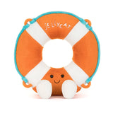 Plush toy life preserver with a smiling face on a white background, branded with 'Jellycat'.