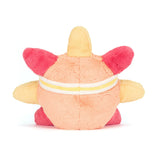 Plush toy with a sun-shaped body and pink accents on a white background