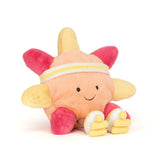 Plush toy with a sun-shaped body and pink accents on a white background