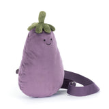 Plush toy bag shaped like an eggplant with a smiling face on a white background