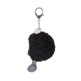Black plush keychain with a silver tag on a white background