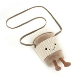 Plush bag resembling a cup with a smiling face on a white background
