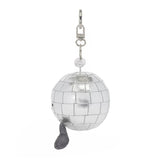 A silver disco ball keychain charm with a cute embroidered smiley face and small glittery gray legs, attached to a silver metal key ring on a white background.