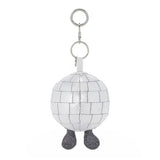 A silver disco ball keychain charm with a cute embroidered smiley face and small glittery gray legs, attached to a silver metal key ring on a white background.