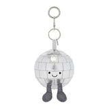 A silver disco ball keychain charm with a cute embroidered smiley face and small glittery gray legs, attached to a silver metal key ring on a white background.