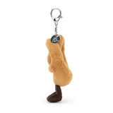 Brown pretzel keychain with a tag on a white background