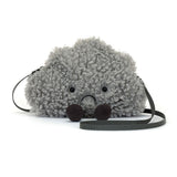 Plush grey cloud bag with a black strap on a white background