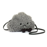 Plush grey cloud bag with a black strap on a white background