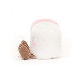 Two plush toy marshmallows, one pink and one white, with embroidered eyes and feet, seated next to each other.