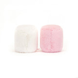 Two plush toy marshmallows, one pink and one white, seated next to each other.