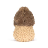 Small plush toy with a brown fur top and beige body on a white background