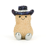 Plush toy peanut resembling a cowboy with a galaxy-patterned hat on a white background