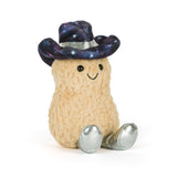 Stuffed toy peanut with a galaxy-patterned hat and silver shoes on a white background