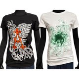 Two t-shirts with unique designs on a white background