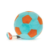 Plush toy resembling a soccer ball with orange and blue patterns on a white background