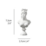 White bust sculpture with dimensions indicated on a white background