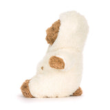 Stuffed bear in a white onesie with brown paws and face on a white background
